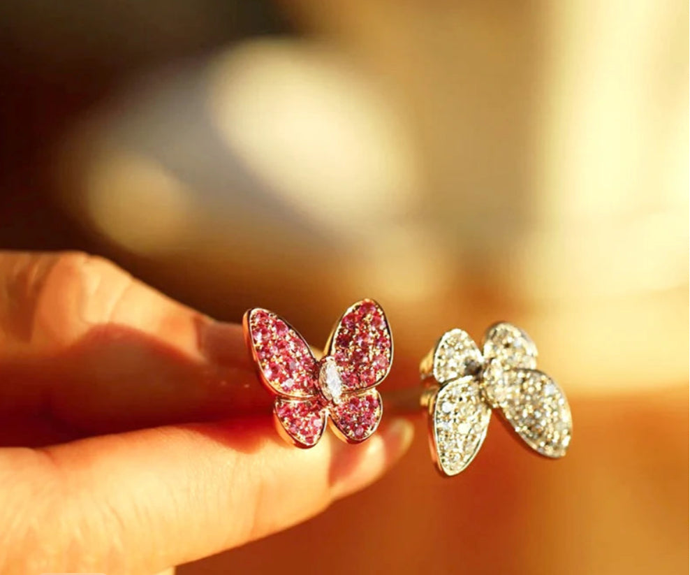 Double Rhinestone Butterfly Ring