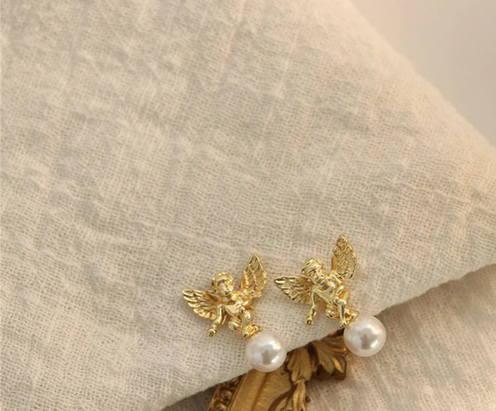 Angel and Pearl Stud Earrings