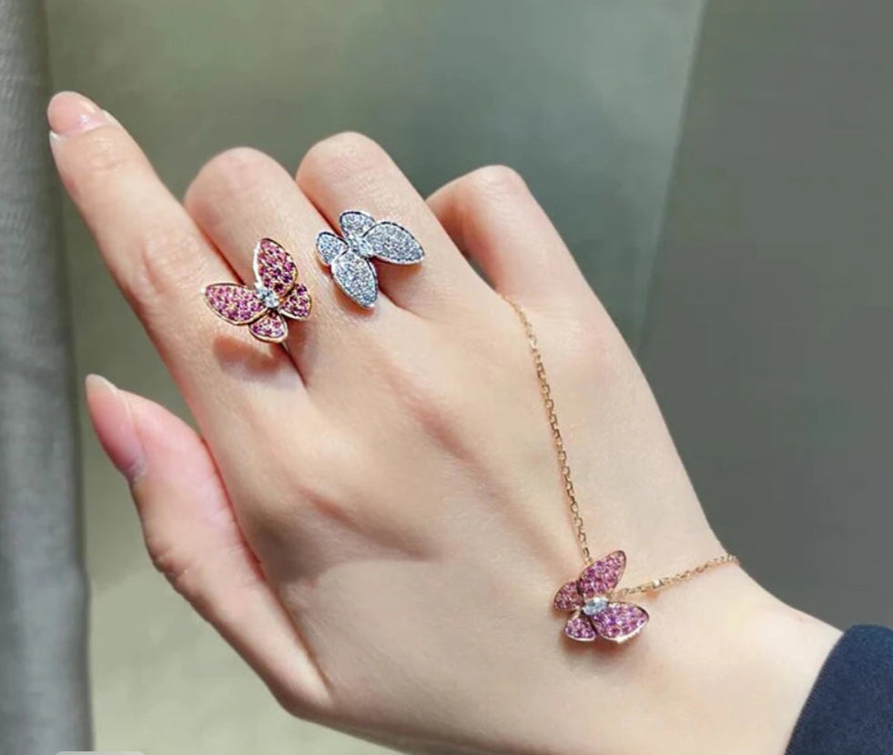 Double Rhinestone Butterfly Ring