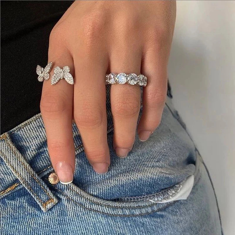 Double Rhinestone Butterfly Ring