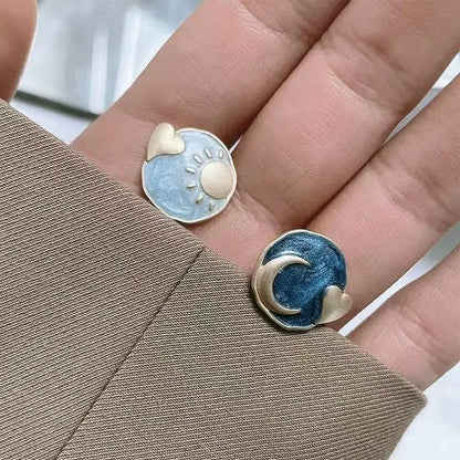 Hand-Painted Sun and Moon Stud Earrings