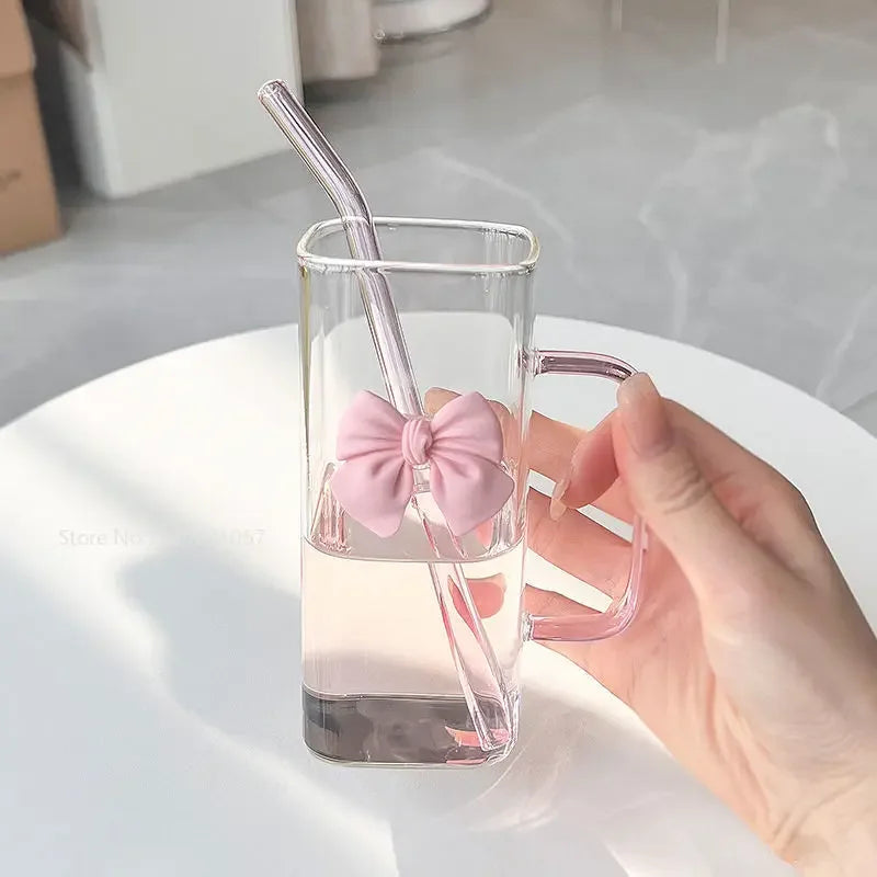 Pink Ribbon Square Glass Cup