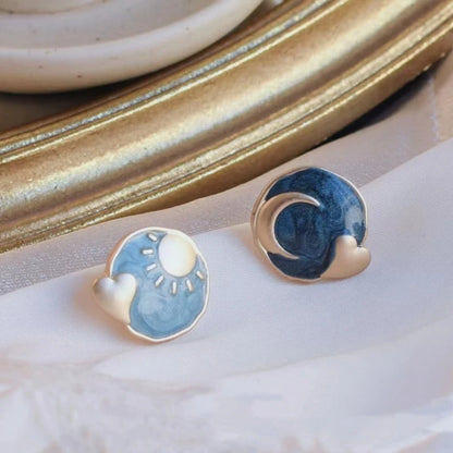 Hand-Painted Sun and Moon Stud Earrings